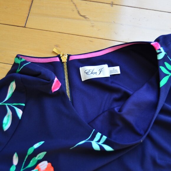 Eliza J Navy Floral Sheath Midi Dress Elbow Sleeve Crew Neck Size 14 NWT - Picture 7 of 13